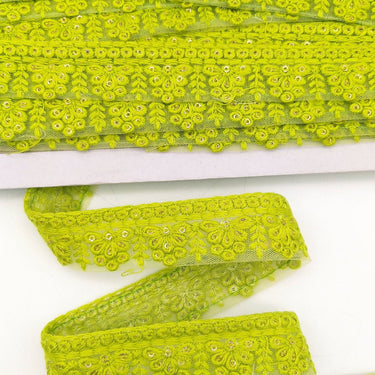 Green Net Lace Trim With Floral Embroidery And Gold Sequins, Sequinned Trim, Wedding Trim Bridal Trim